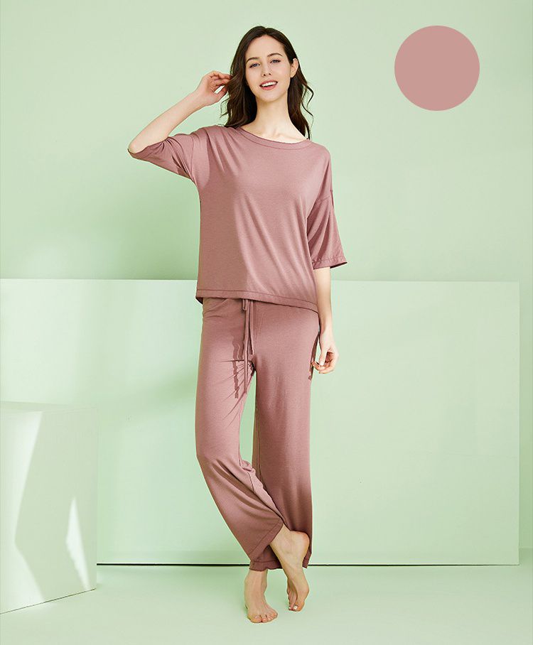 莫代爾寬鬆休閒睡衣套裝-杏色