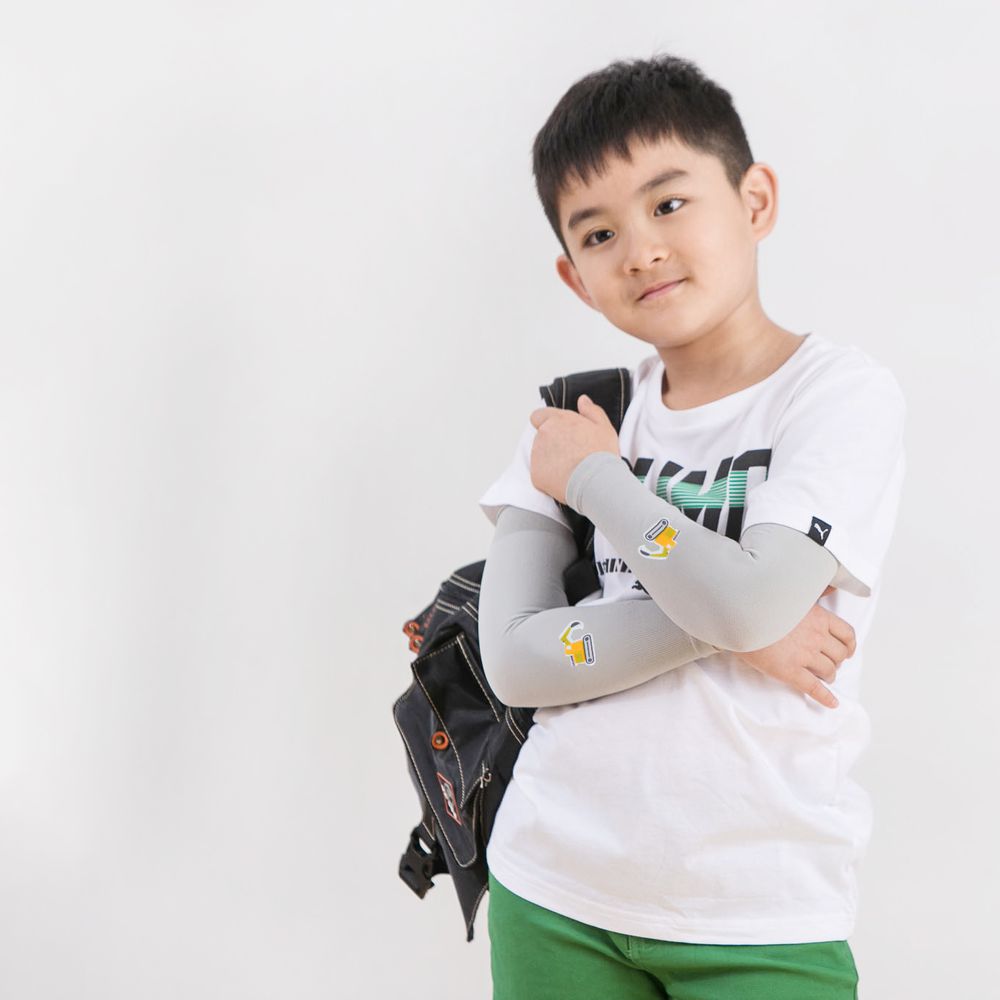 UPF50+兒童高效涼感防蚊抗UV袖套-(貼布繡)-挖土機-灰色 (F)