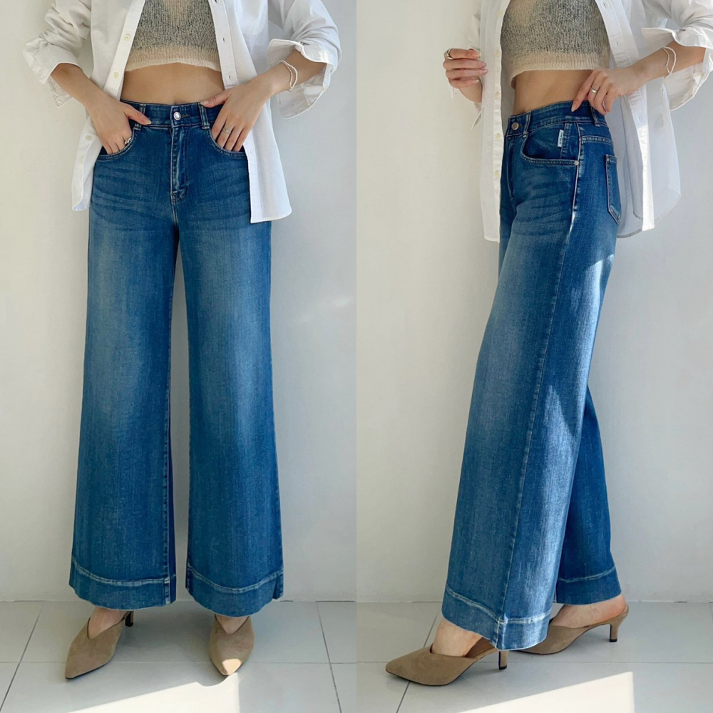 Howluk 彈性腰柔軟莫代爾丹寧寬褲-深藍