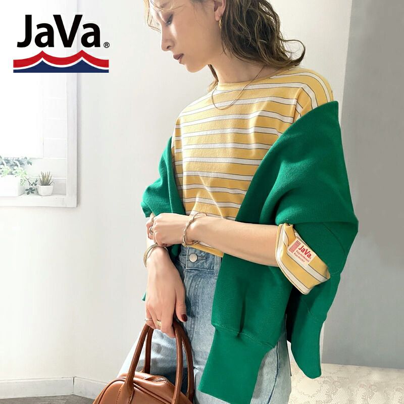 日本 Classical Elf - 圓領橫條紋落肩短袖上衣-淺卡其