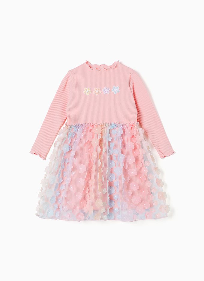 韓國 OZKIZ - 夢幻花瓣蕾絲裝飾洋裝-粉