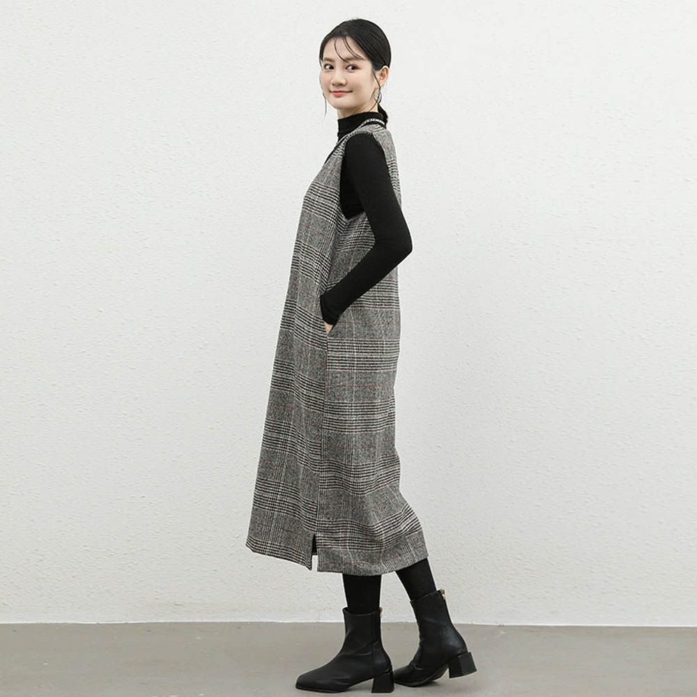 毛呢感V領背心裙-長款-格紋