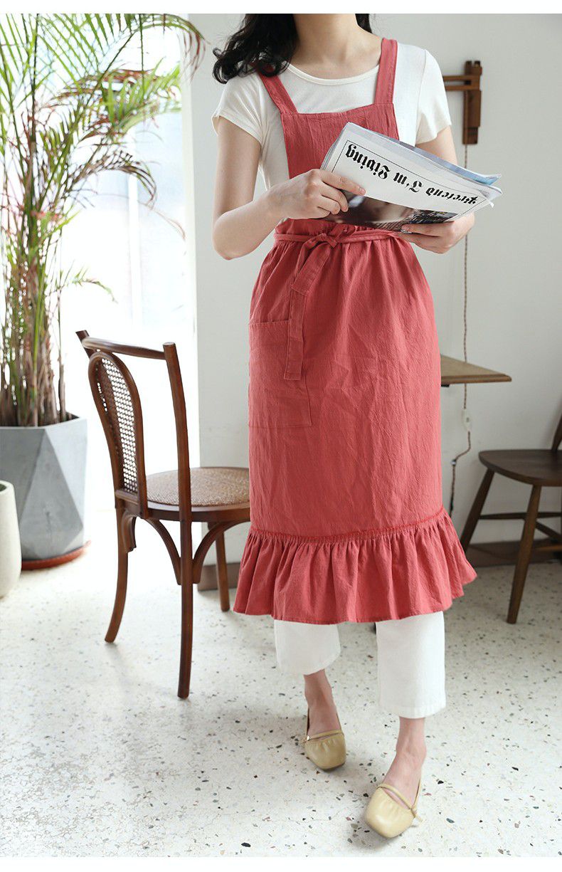 韓系荷葉裙擺花邊圍裙-西瓜紅