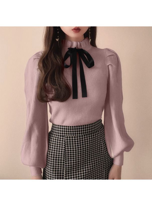 日本 GRL - 甜美扭結木耳領薄針織上衣-淺粉