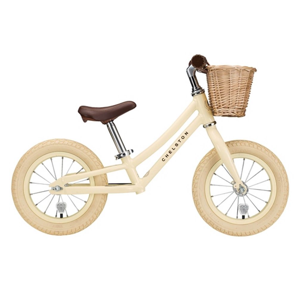 Chelston bikes - Mini Dutch 復古滑步車-香草米-滑步車 x 1 , 手工編織竹籃 x 1 , 麻料內襯  x 1 , 3 歲以下專用ABS氣嘴蓋 x 1