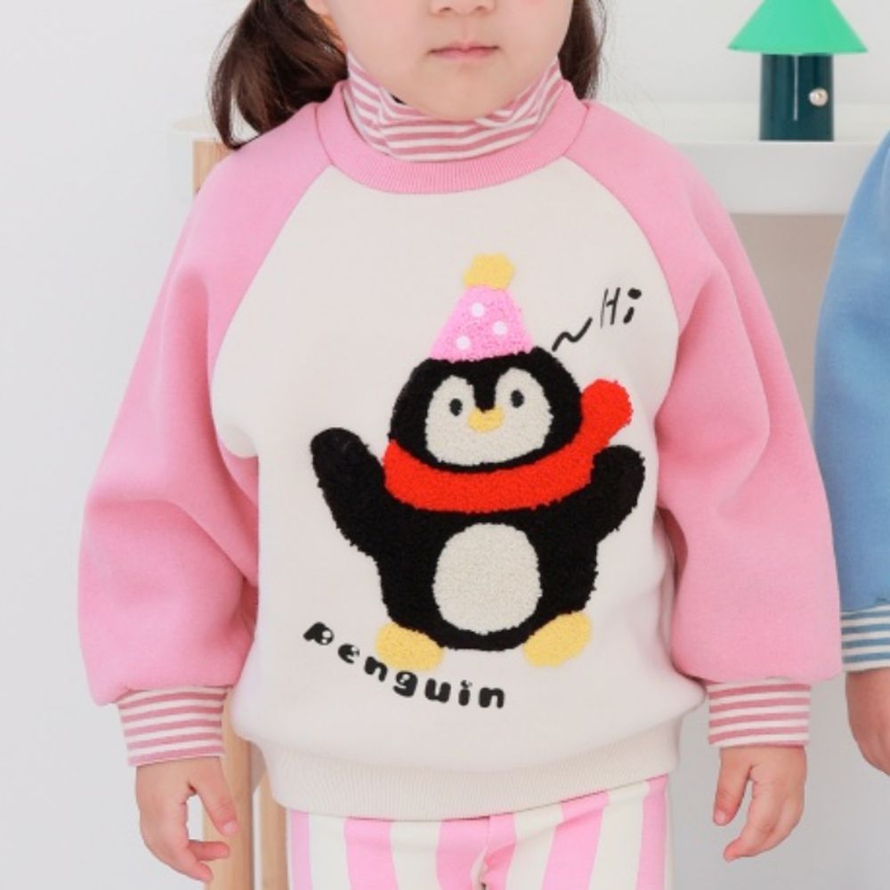 Coco rabbit (內磨毛)條紋高領長袖大學T-毛絨企鵝-粉