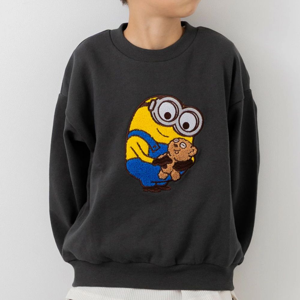 限量聯名 裏毛印花大學長袖上衣-卡通人物小小兵-立體刺繡-炭灰