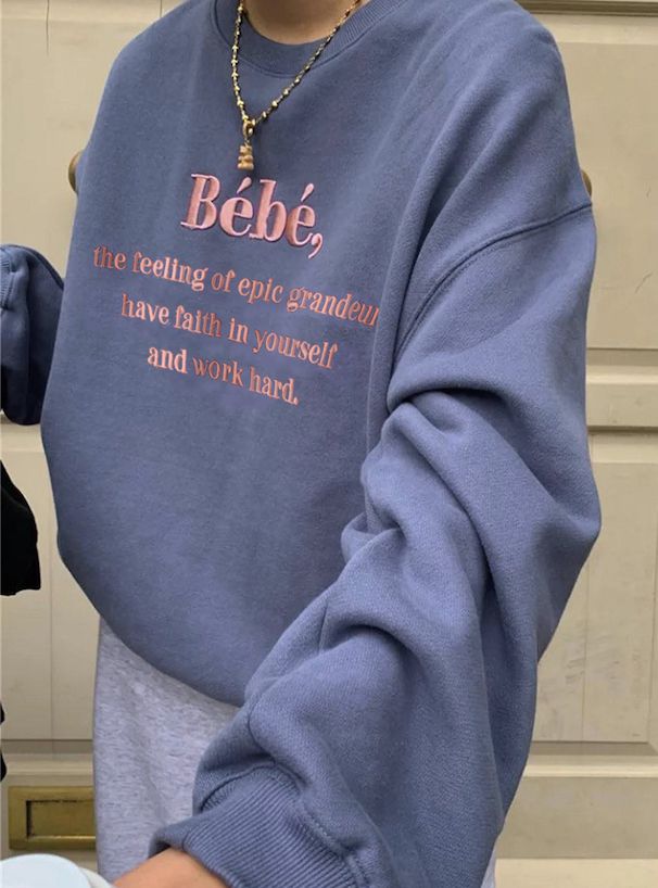 日本 GRL - 百搭圓領LOGO刺繡大學T-Bebe-灰藍 (F)