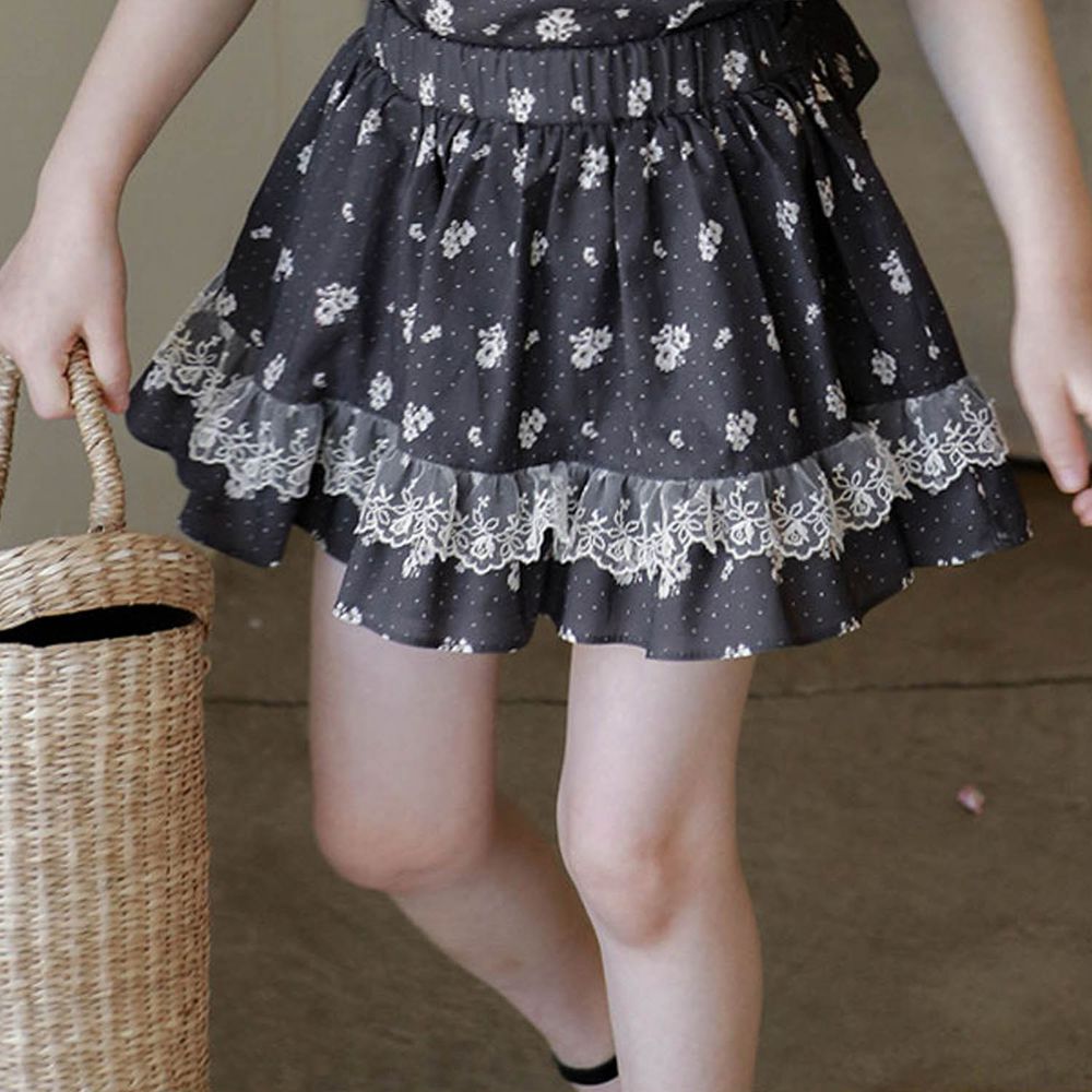 韓國 PuellaFLO - 蕾絲裝飾點點花朵褲裙-深灰花