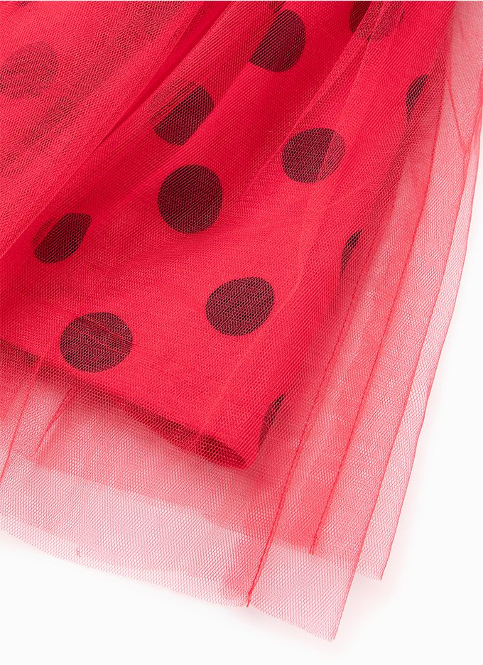 韓國 OZKIZ - (附髮箍)鬆緊腰瓢蟲點點網紗裙-紅X黑