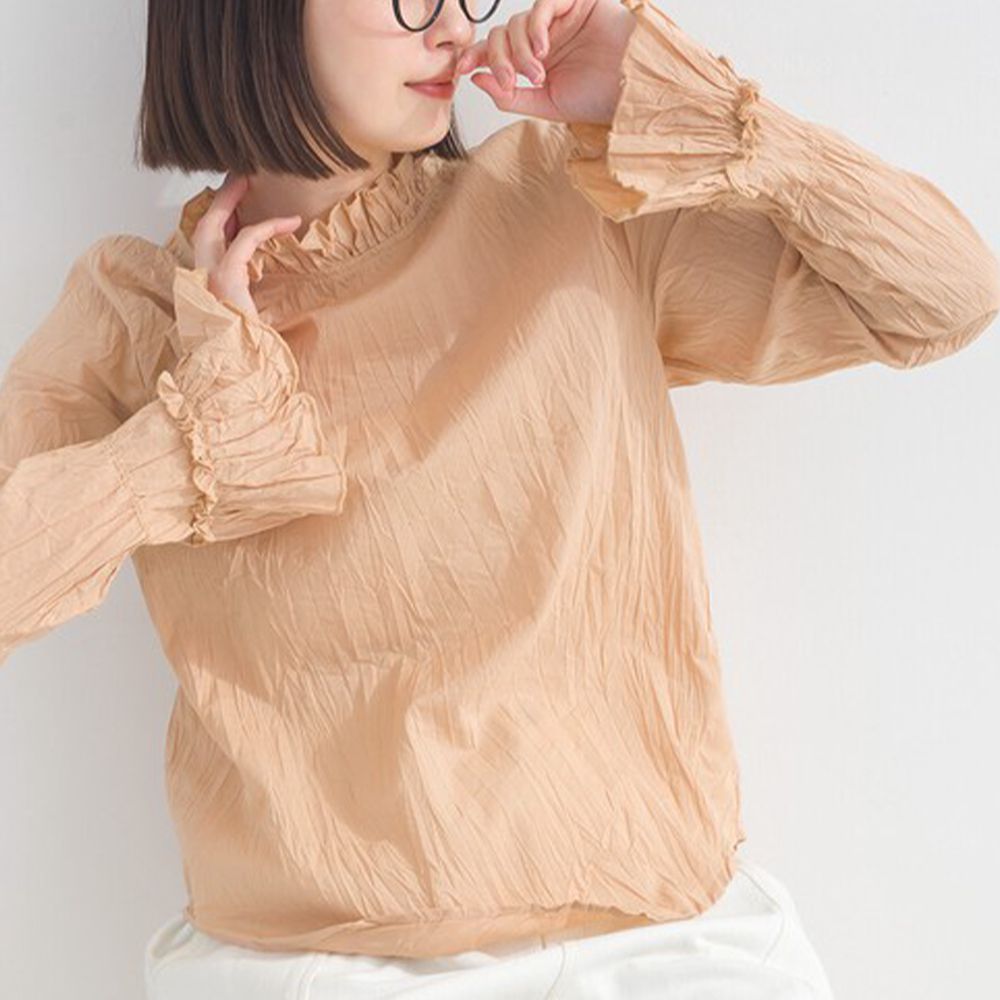 荷葉領輕盈皺摺長袖上衣(疊穿推薦)-卡其杏
