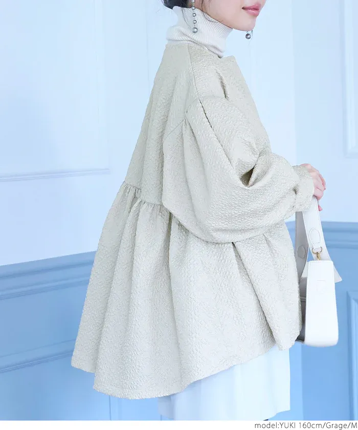 日本 COCA - 優雅緹花氣球袖薄外套-淺灰