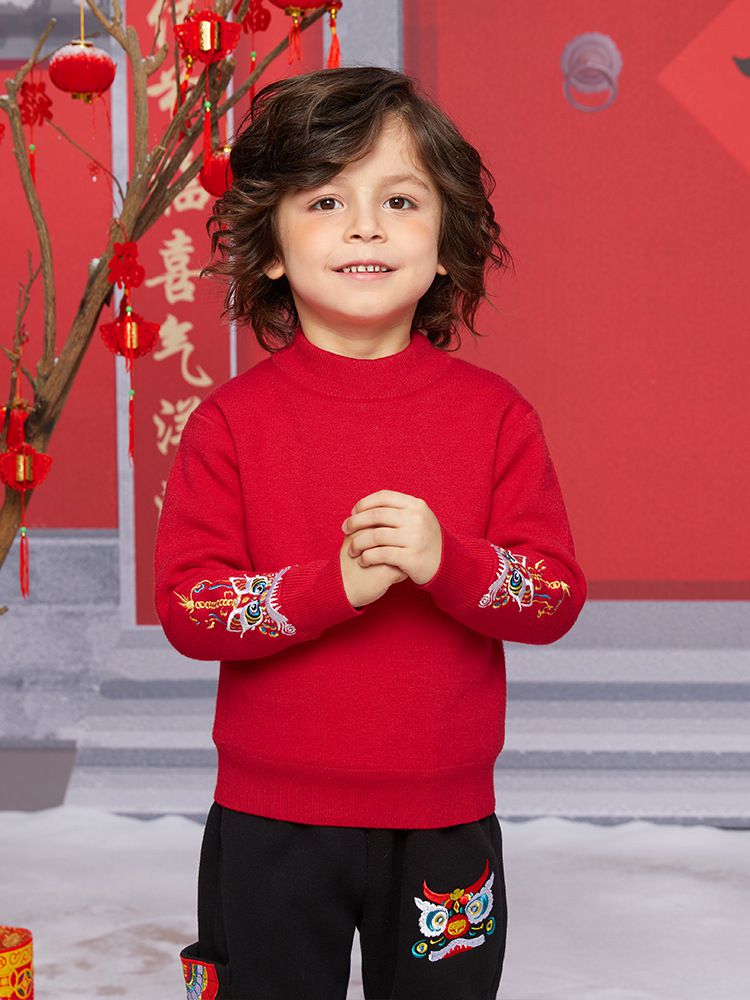 (加絨)喜氣拜年圓領長袖上衣-刺繡彩獅-紅色