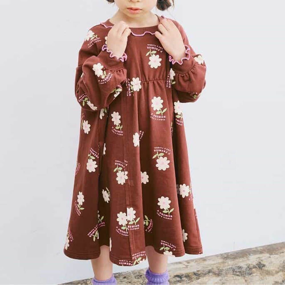 100%棉 可愛復古印花木耳領長袖洋裝-花朵-咖啡