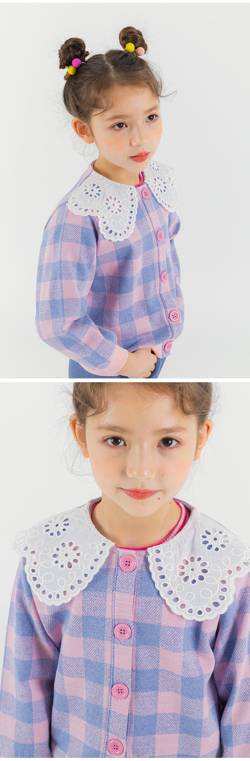 韓國 OZKIZ - 蕾絲領棋盤格單排釦針織小外套