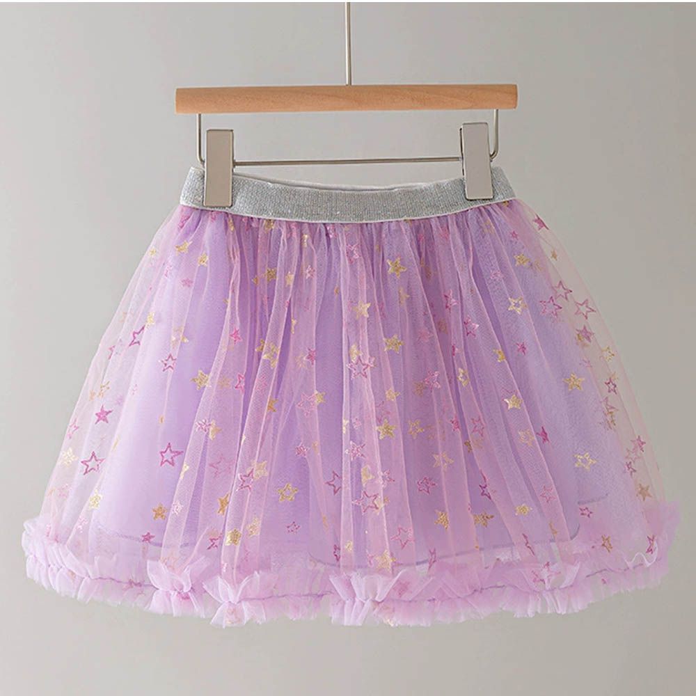 腰鬆緊網紗短裙-小星星-甜美紫