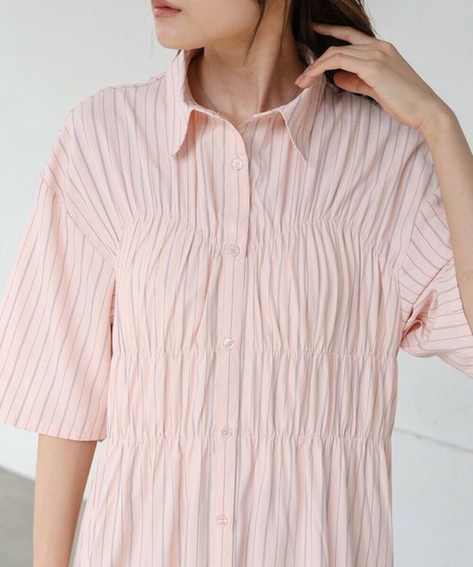 日本 Bab - 時尚抓皺襯衫式五分袖洋裝-條紋-象牙