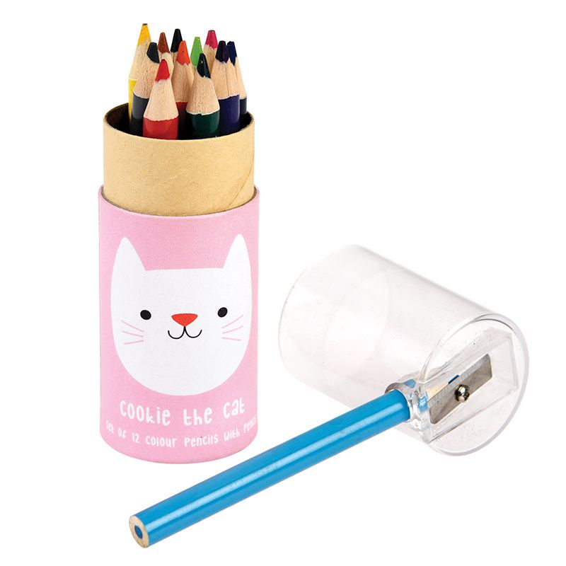 英國 Rex London - 色鉛筆/畫筆12色+削鉛筆機二合一組-迷人貓咪