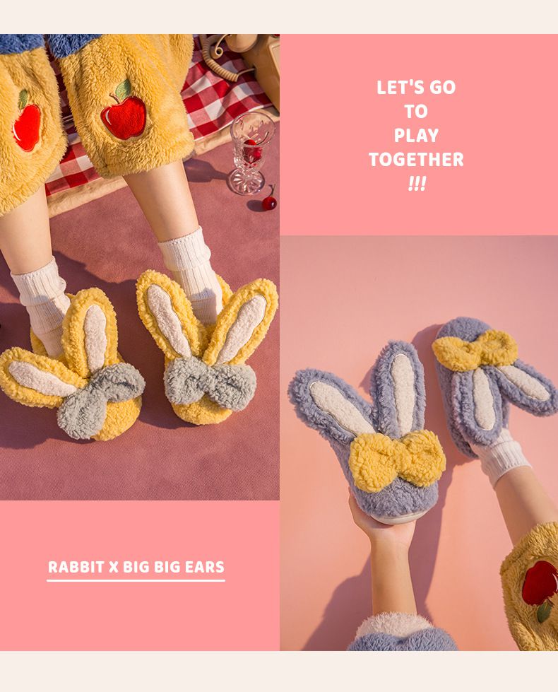 毛毛保暖室內拖鞋-蝴蝶結兔耳朵-白色