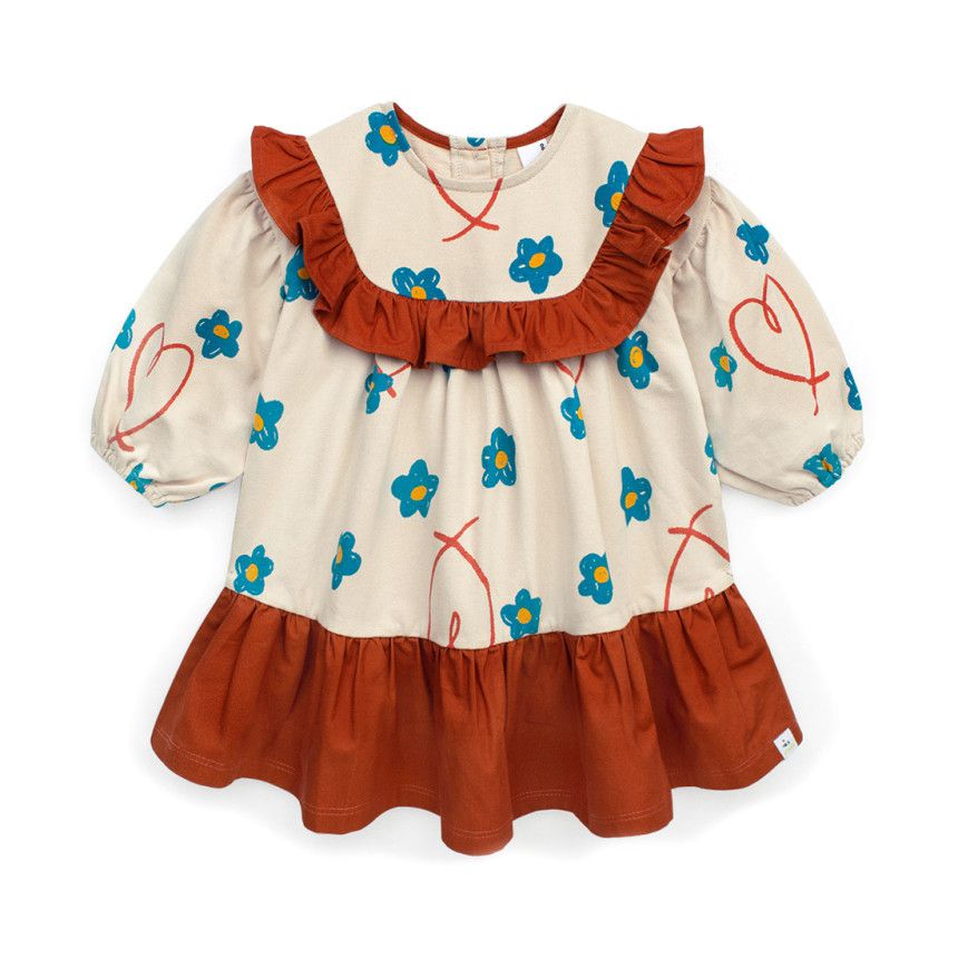 韓國Pimpollo - 微笑花朵荷葉邊洋裝-橘