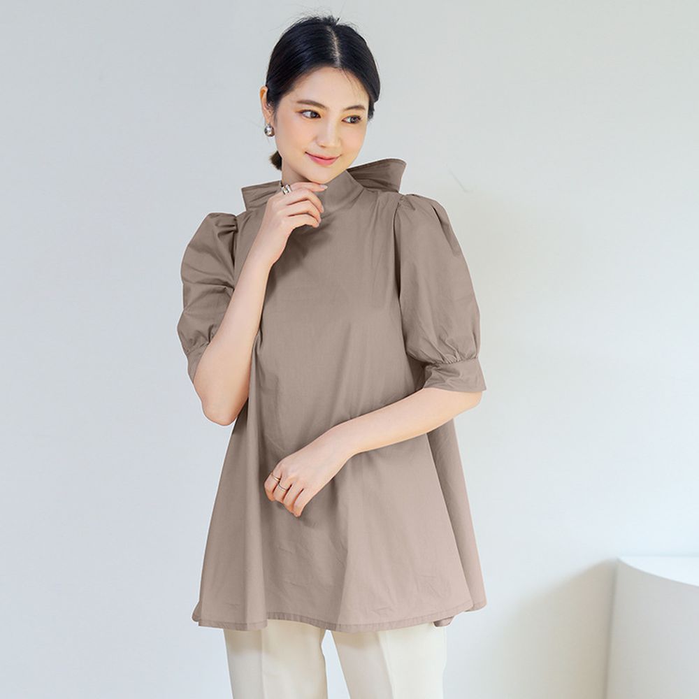 優雅小立領燈籠袖上衣-蝴蝶結-卡其色 (F)