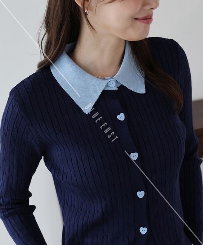 日本 BLUE EAST - 愛心扣雙色polp領麻花開襟衫-海軍藍
