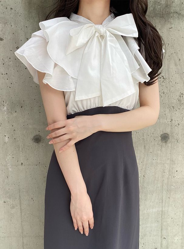 日本 GRL - 華麗蝴蝶結拼接魚尾洋裝-黑x白