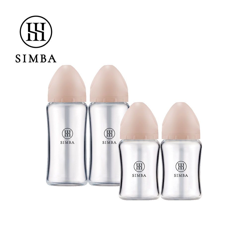 蘊蜜質金玻璃寬口防脹氣奶瓶2大2小經典組-新生適用-栗粉