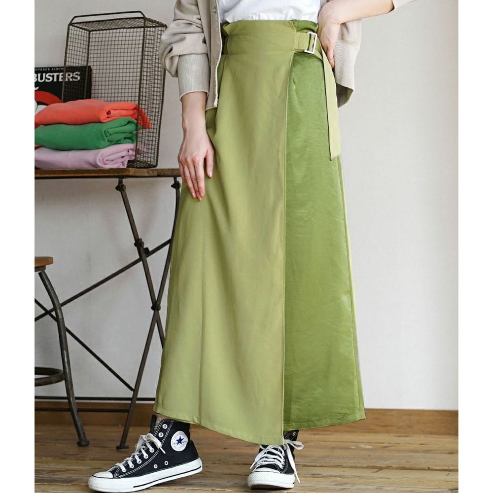 日本 zootie - 撞色拼接腰帶設計後腰鬆緊長裙-萊姆