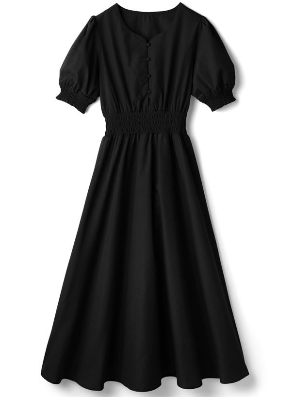 日本 GRL - 復古V領縮腰泡泡袖洋裝-簡約黑