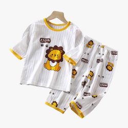 WarmNest - 純棉網眼透氣七分袖家居服套裝-萌萌獅子-白+黃