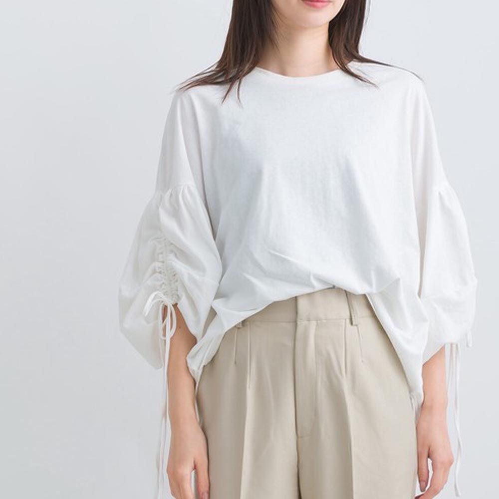 日本 Lupilien - 21支天竺棉 燈籠綁帶寬袖上衣-白色