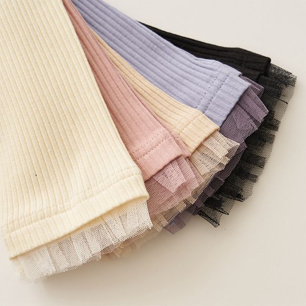 日本 Lycee mine - 下擺薄紗點綴羅紋9分內搭褲-卡其