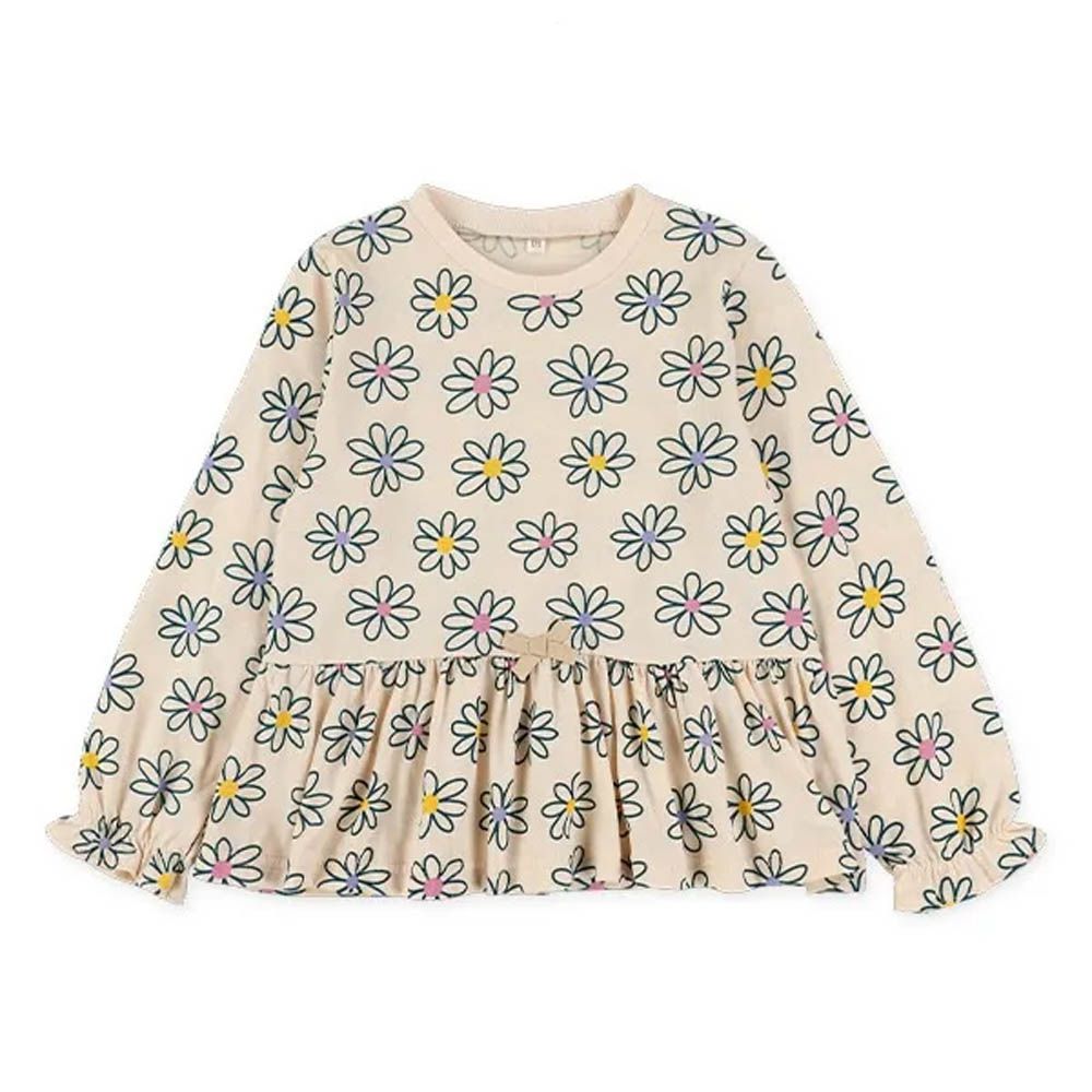 荷葉衣襬滿版印花長袖上衣-花朵-象牙白