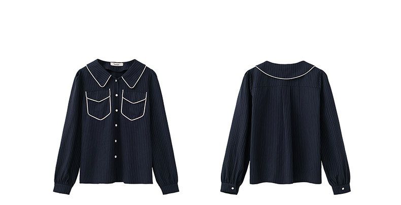 撞色包邊條紋長袖襯衫-深藍色