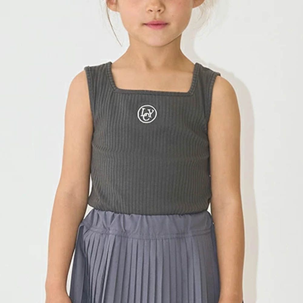 品牌刺繡羅紋方領無袖上衣-灰