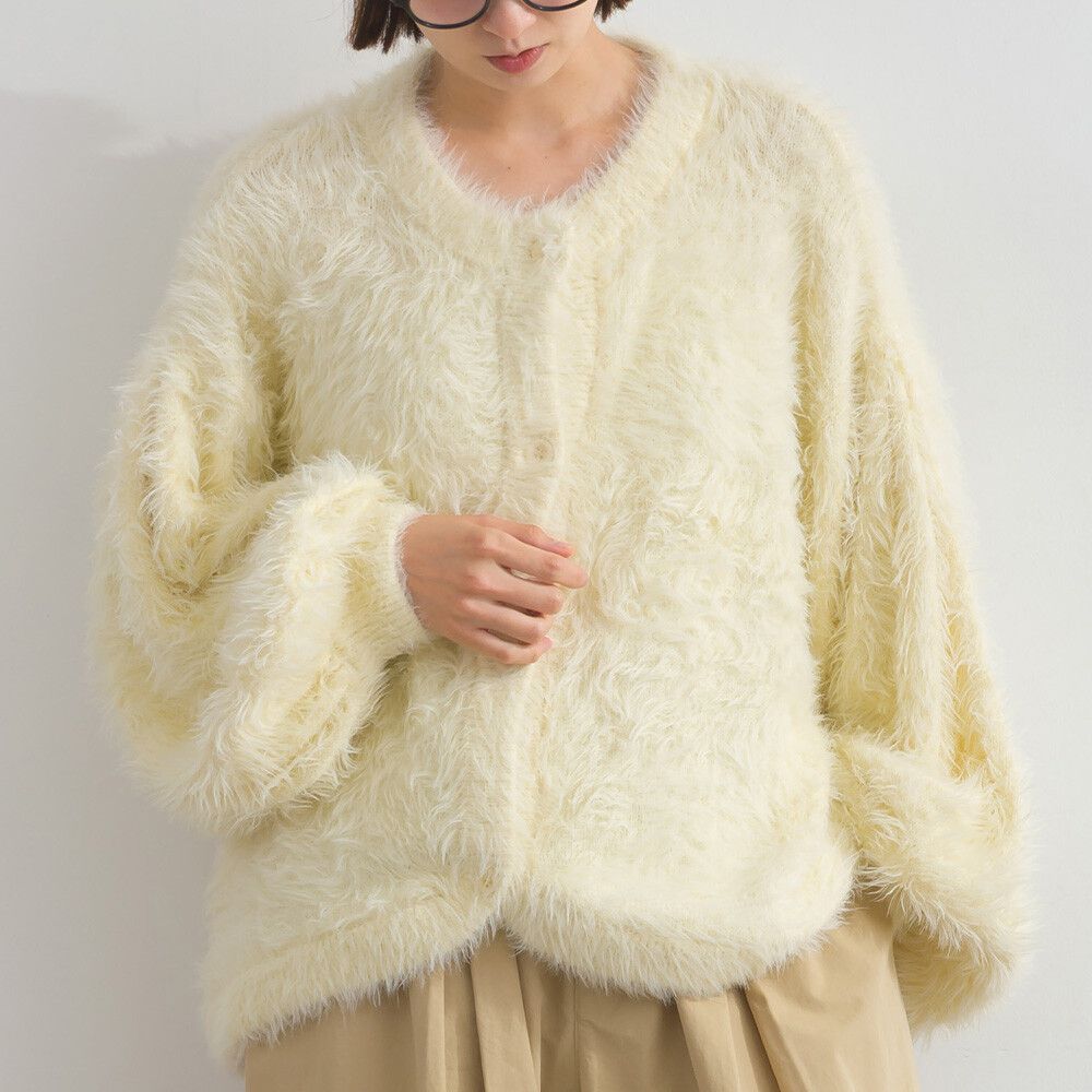 柔和蓬鬆毛海繭型針織開襟衫/外套-米白