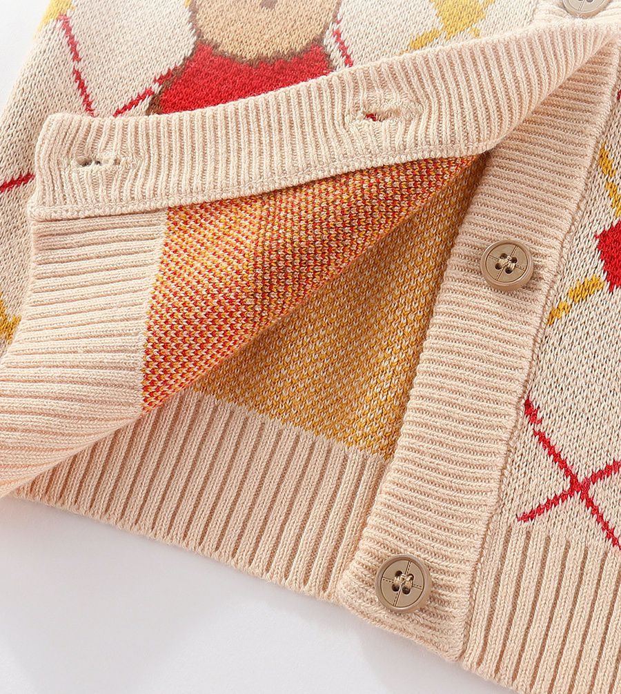 純棉圓領針織排釦外套-熊熊-卡其色