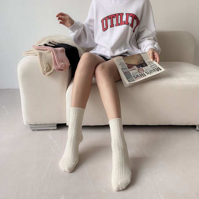 韓國Marian - 花紋素色羊毛保暖襪-芥茉黃 (Free)