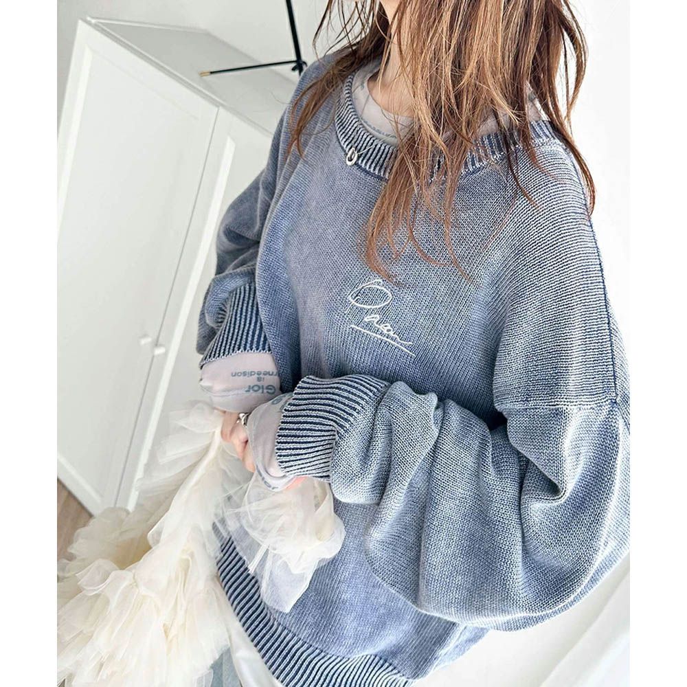 厚磅棉復古刷色感logo長袖上衣-丹寧藍