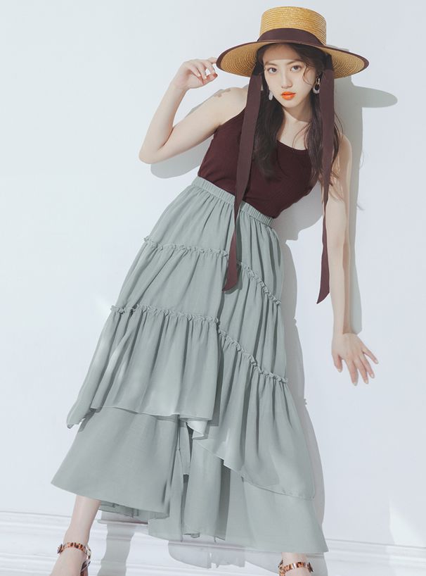 日本 GRL - 明星聯名款 多層次蛋糕長裙-莫蘭迪綠