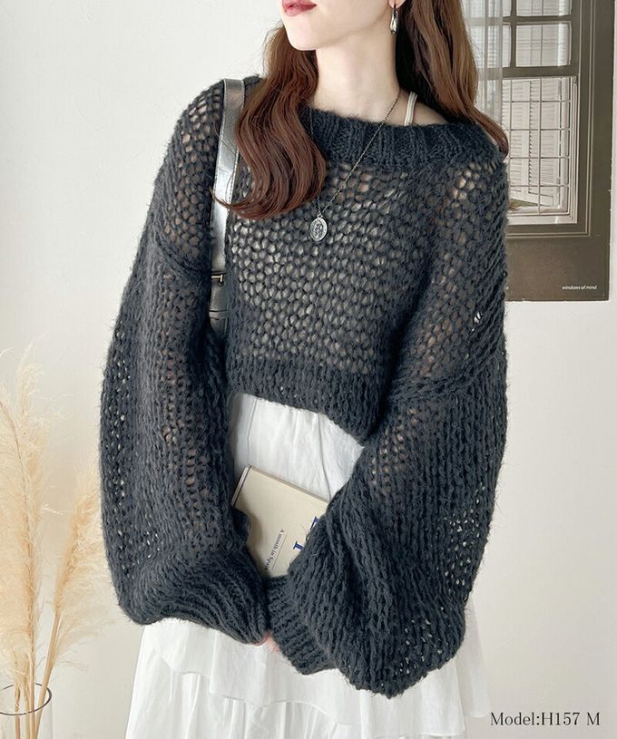 日本 Classical Elf - 甜美船領針織洞洞大寬袖毛衣-湖水綠