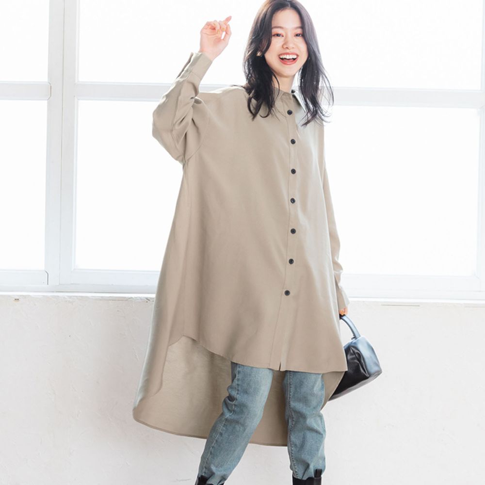 日本 COCA - 修身前短後長長版襯衫外套/洋裝-杏