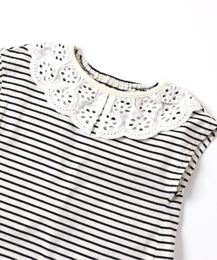 日本 apres les cours - 雕花蕾絲領短袖上衣-深藍