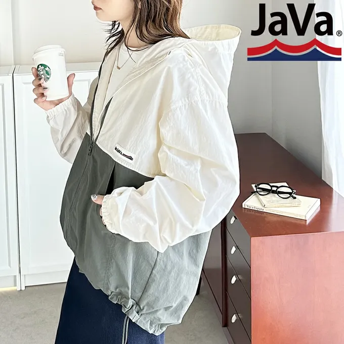 日本 Classical Elf - Java 撞色抽繩防風尼龍外套-象牙白x灰