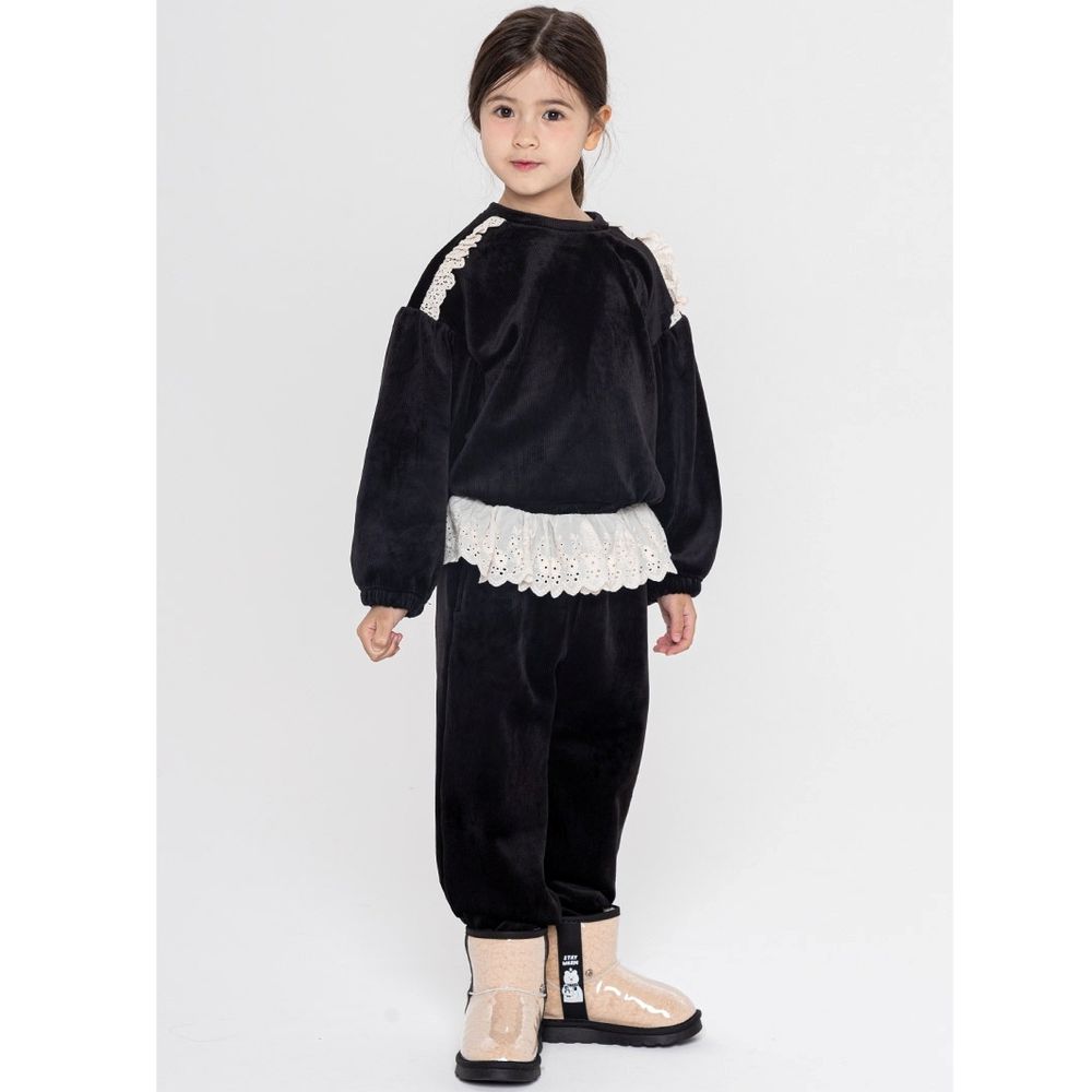 (內磨毛)蕾絲花邊燈芯絨長袖套裝-黑