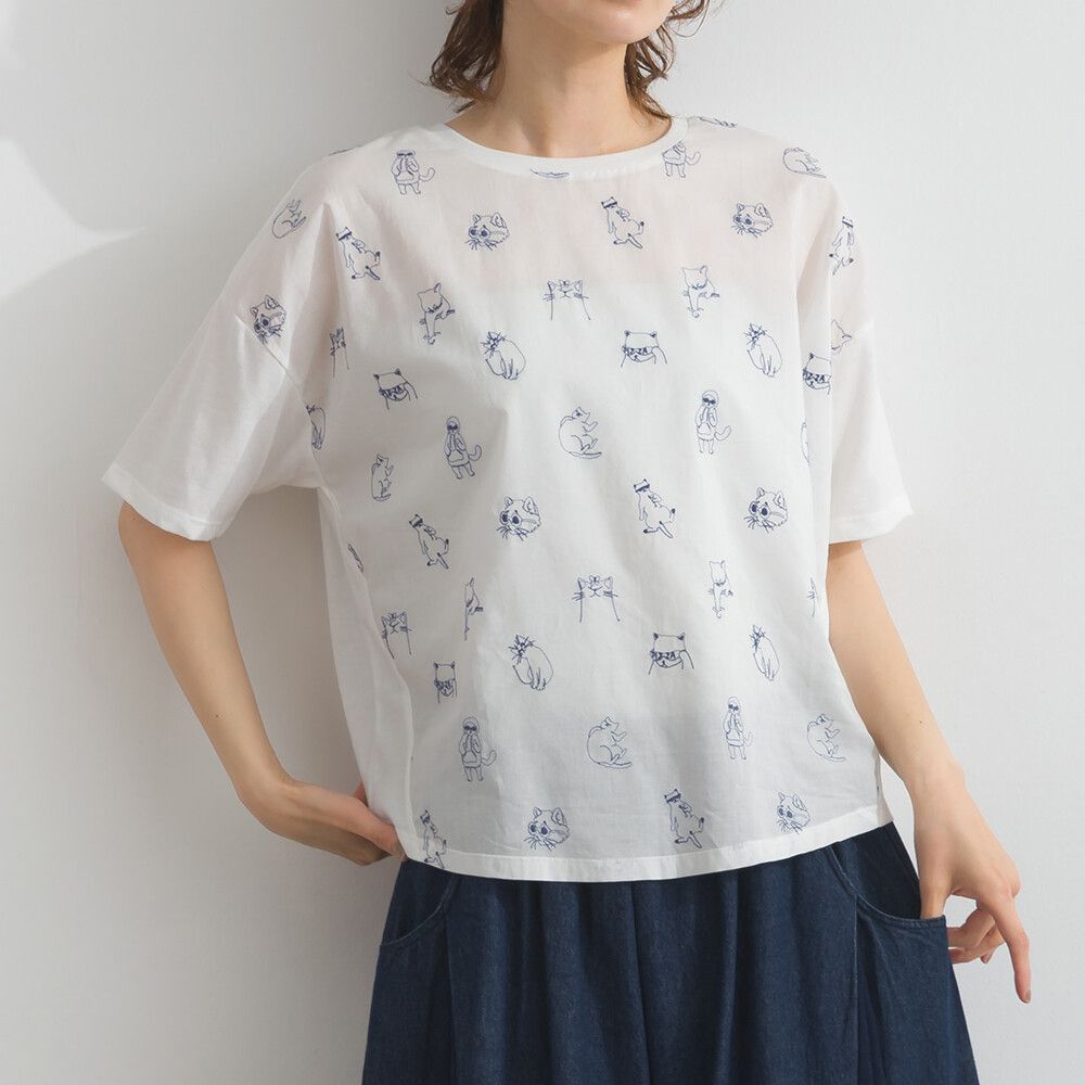 唯美刺繡圓領短袖上衣-貓咪-白