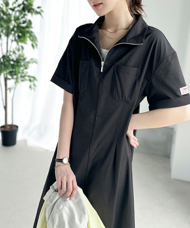 日本 Classical Elf - 酷甜工裝風拉鍊翻領洋裝-焦糖棕