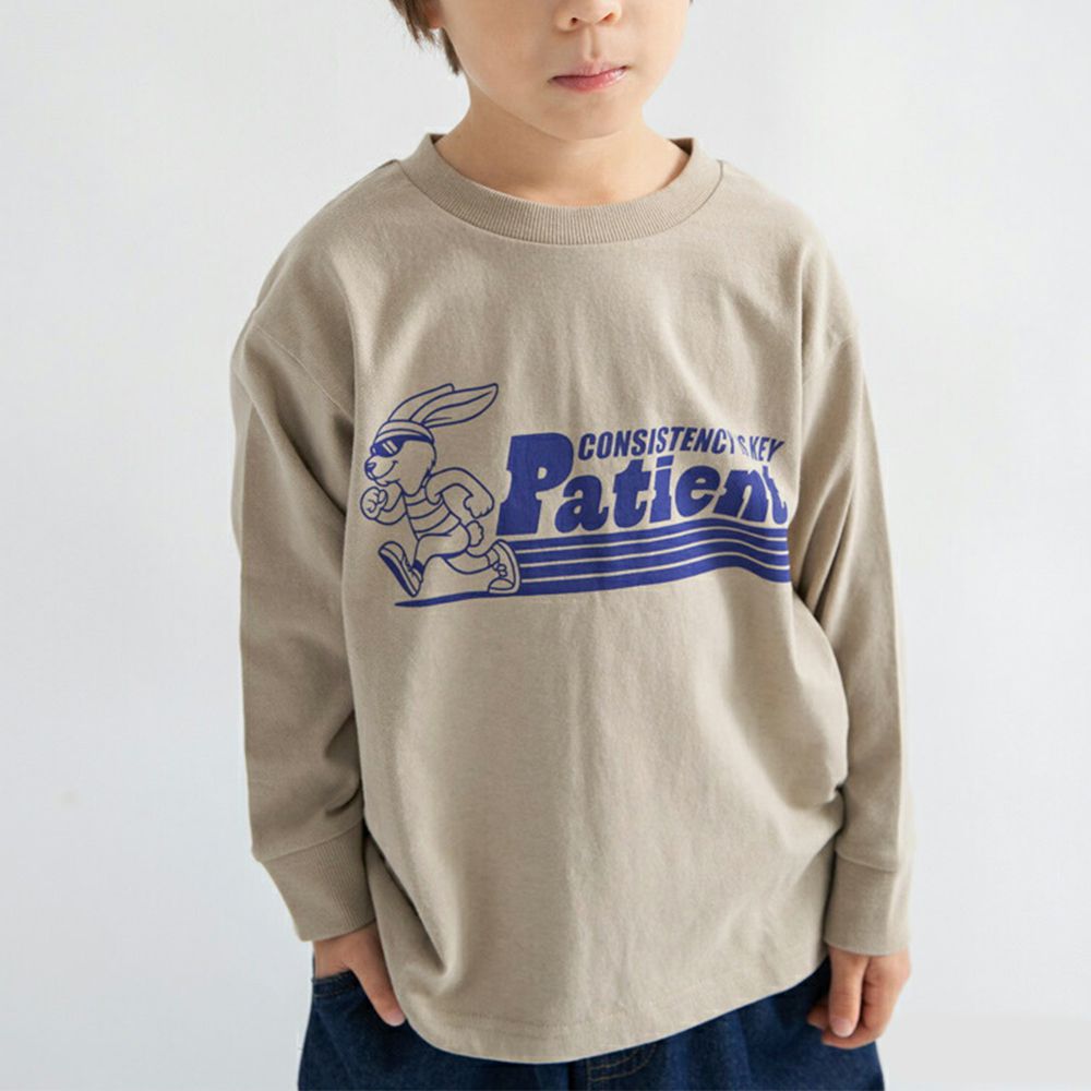 100%棉 美式印花薄長袖上衣-兔子賽跑-灰棕