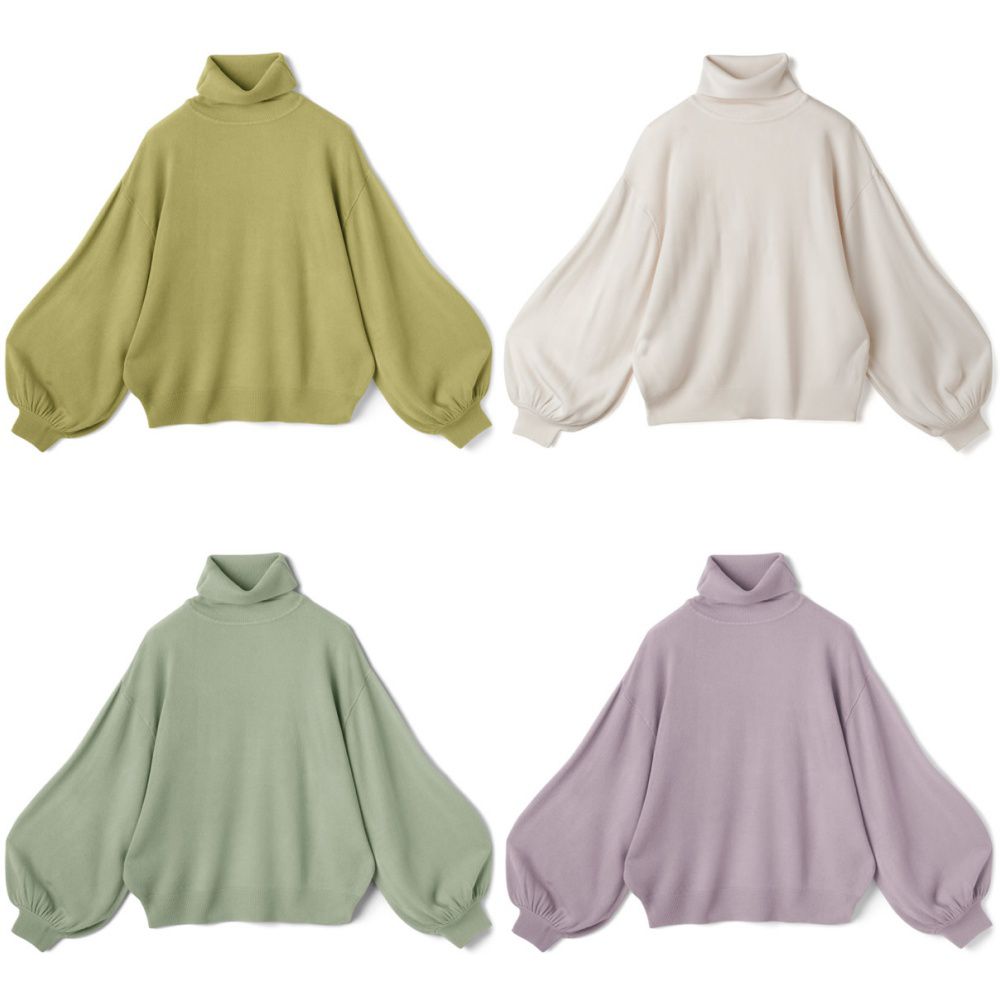 日本 GRL - 高領澎澎袖寬鬆針織上衣-米